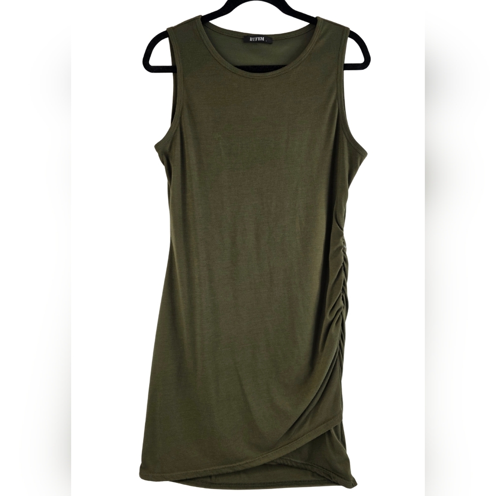 BTFBM Crew Neck Dress Ruched Sleeveless Tank Bodycon Size L Olive E-2638 - Picture 2 of 11